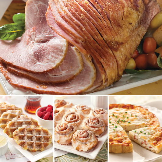 Celebration Brunch with spiral ham, Belgian waffles, cinnamon rolls and Quiche Lorraine