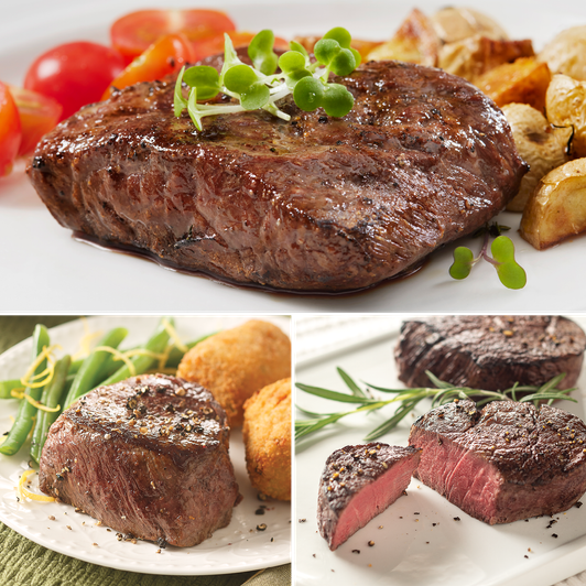 Premium Steak Sampler with filet mignon, top sirloin and marinated flat iron serving examples