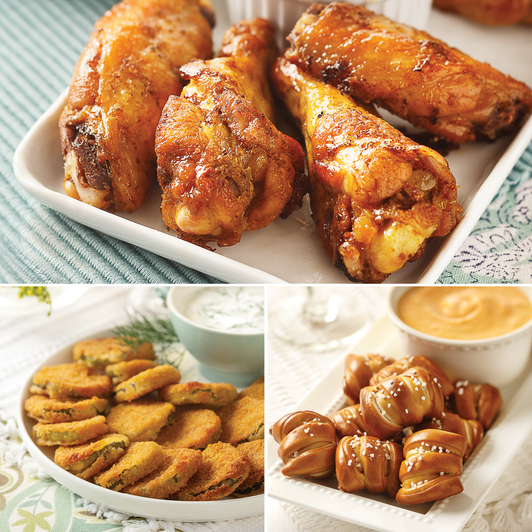 Pubhouse Favorites Trio with BBQ wings, fried pickle chips and pretzels with beer cheese