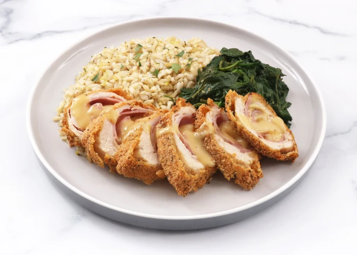 Breaded Chicken Cordon Bleu entrée with ham and Swiss cheese, served with rice and spinach.
