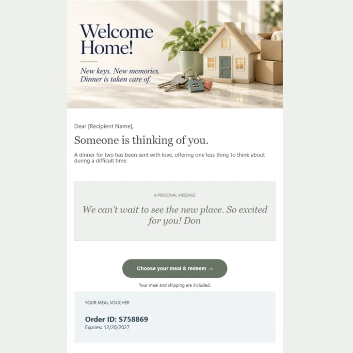 Housewarming Meal Gift voucher: chef-prepared dinner with sides and dessert, redeemed online