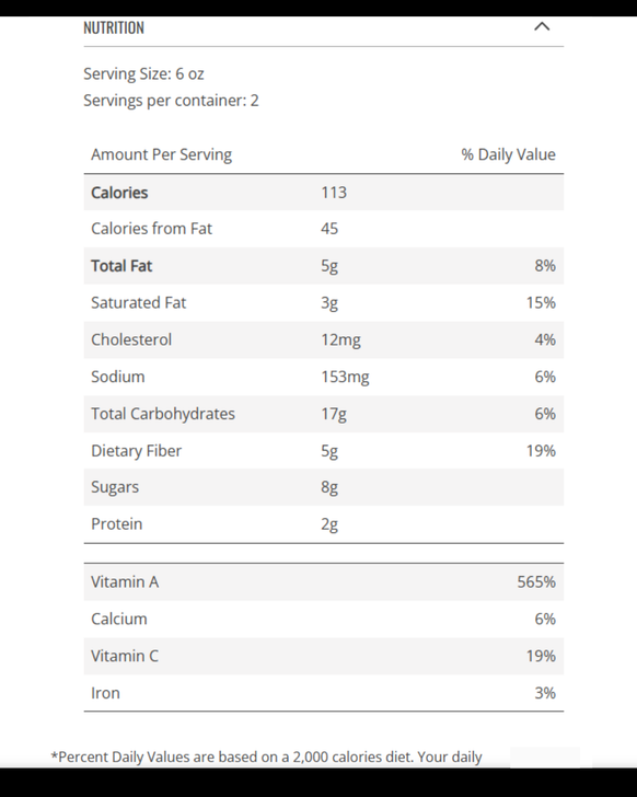 Buttered carrots nutrition facts label for Chicken Pot Pie Family Dinner