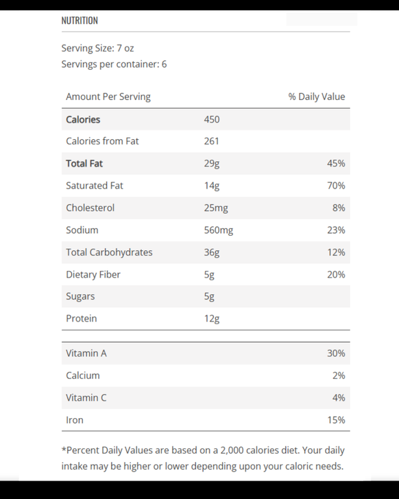 Family-size chicken pot pie nutrition facts label for Chicken Pot Pie Family Dinner