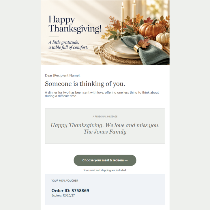 Thanksgiving Meal Gift voucher: chef-prepared turkey or ham dinner with sides, redeemed online