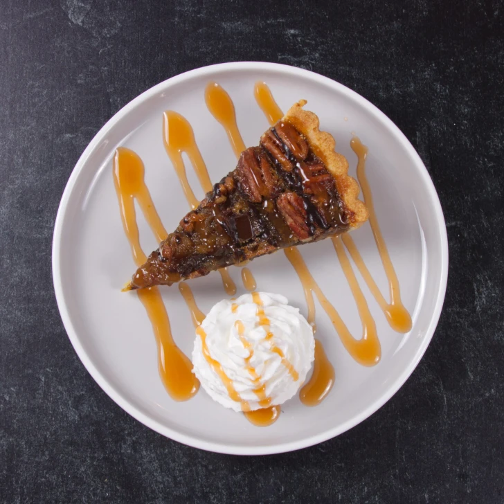 Chocolate pecan tart dessert close-up