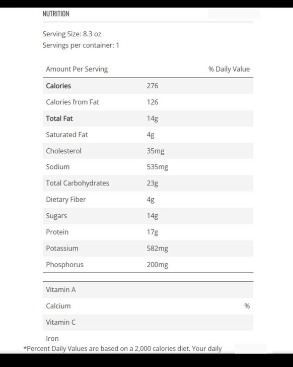 Thinking of You Care Package - meal nutrition information and ingredient label