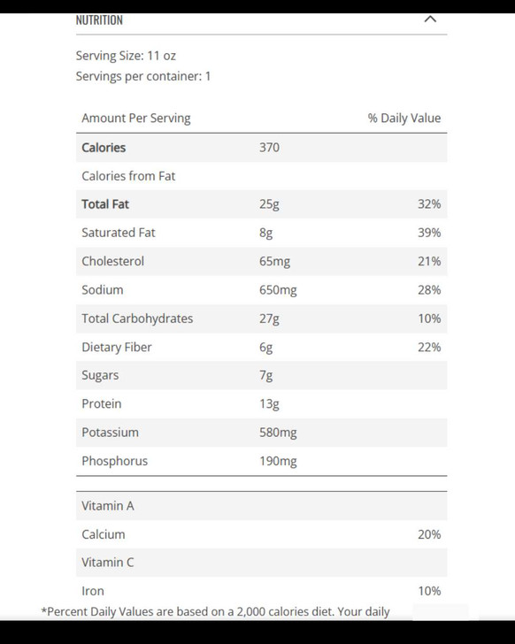 Senior Care Package - nutrition facts panel for Cheddar Mac and Beef meal