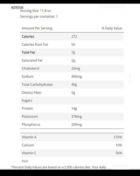 Thinking of You Care Package - nutrition panel for Beef Meatballs Alfredo meal