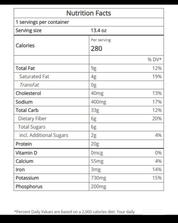 Thinking of You Care Package - nutrition facts label for hearty heat-and-eat meals