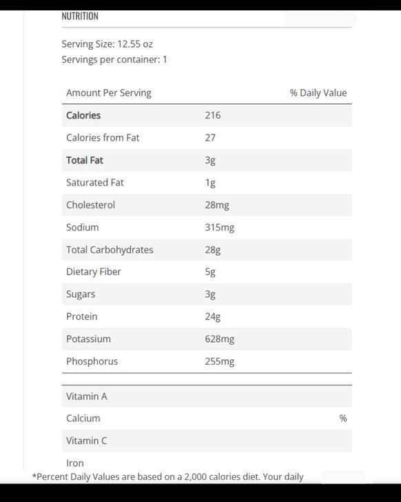Thinking of You Care Package - nutrition facts panel for Chicken Rice and additional comfort meals
