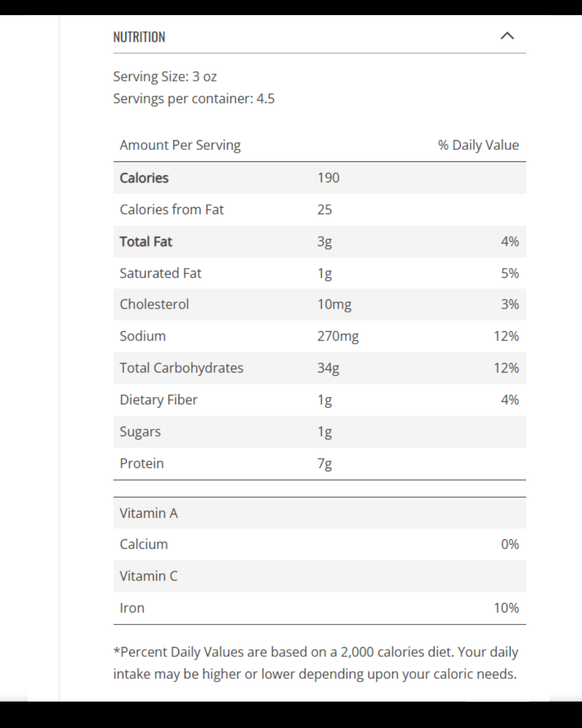 Nutrition facts and ingredients label for a SendaMeal vegetarian meal bundle item