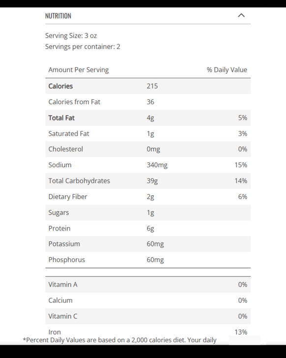 Nutrition facts and ingredients label for a SendaMeal vegetarian meal bundle item