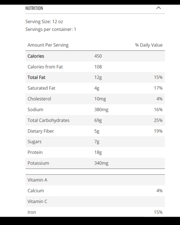 Nutrition facts and ingredients label for Penne Bolognese with Beyond Beef