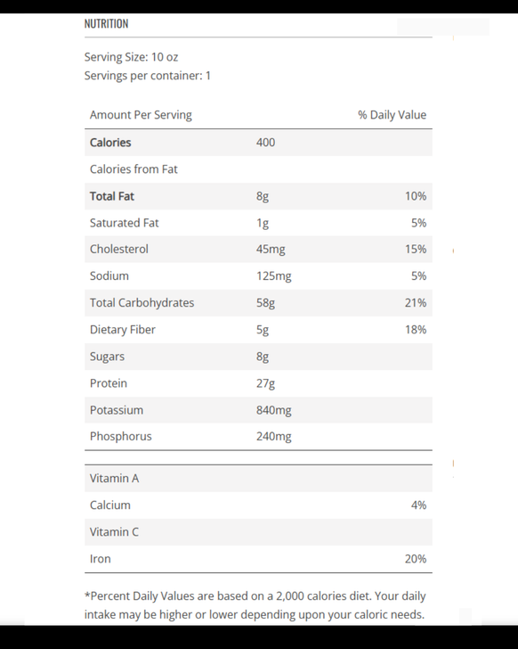 Nutrition facts and ingredients label for Salmon Vegetable Linguini individual meal from SendaMeal.