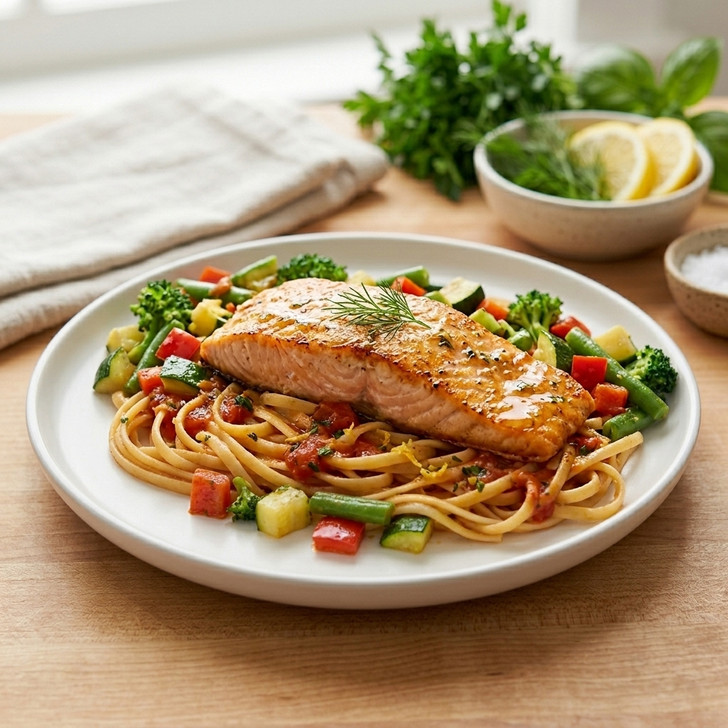 Salmon Vegetable Linguini Dinner for Four