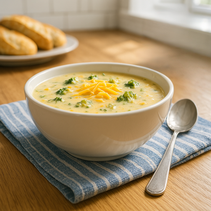 Broccoli Cheddar Soup with broccoli florets and Wisconsin cheddar, creamy vegetarian post surgery recovery soup