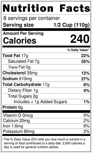 Water, Oysters, Croutons (Wheat Flour, Sugar, Yeast, Salt, Sunflower Oil), Butter (Pasteurized Cream, Salt), Onion, Celery, Canola Oil, Salt, Horseradish (Horseradish, Distilled Vinegar, Water, Soybean Oil, Salt, Artificial Flavor), Spices, Lemon Juice Powder (Corn Syrup, Lemon Juice).

Contains: Crustacean Shellfish (Oysters), Milk, Wheat.
Contains a bioengineered food ingredient.