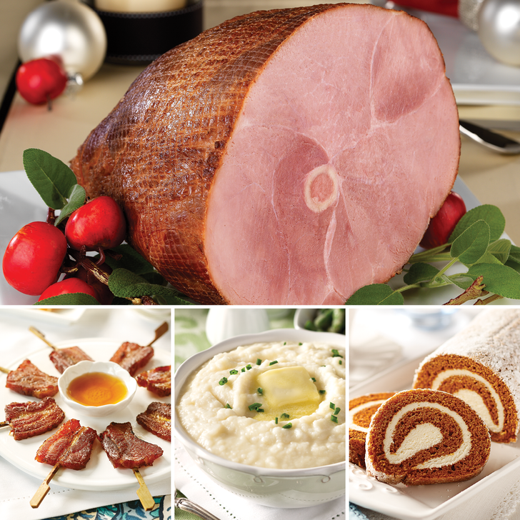 1 - Signature Bone-In Dinner Ham (7-9 lbs.): maple cured, bone-in, corn cob smoked.

1 - Vanilla Bourbon Bacon "Lollipops" (18 oz., about 24 pieces): thick-cut smoked bacon, sweet and savory.

2 - Creme Fraiche Mashed Potatoes (32 oz. each): creamy, whipped potatoes blended to perfection with butter and the simplest of seasoning.

2- Pumpkin Swirl Cakes: a seasonal pumpkin cake with a sweet swirl.
