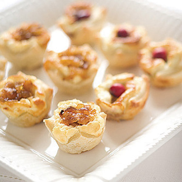 12 - Caramelized Onion & Feta Pastry Blossoms: bites of flaky puff pastry, savory Feta cheese, and lush caramelized onion topping
