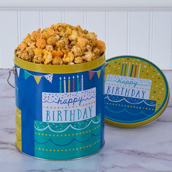 Happy Birthday Cheddar and Caramel Mix Popcorn Tin