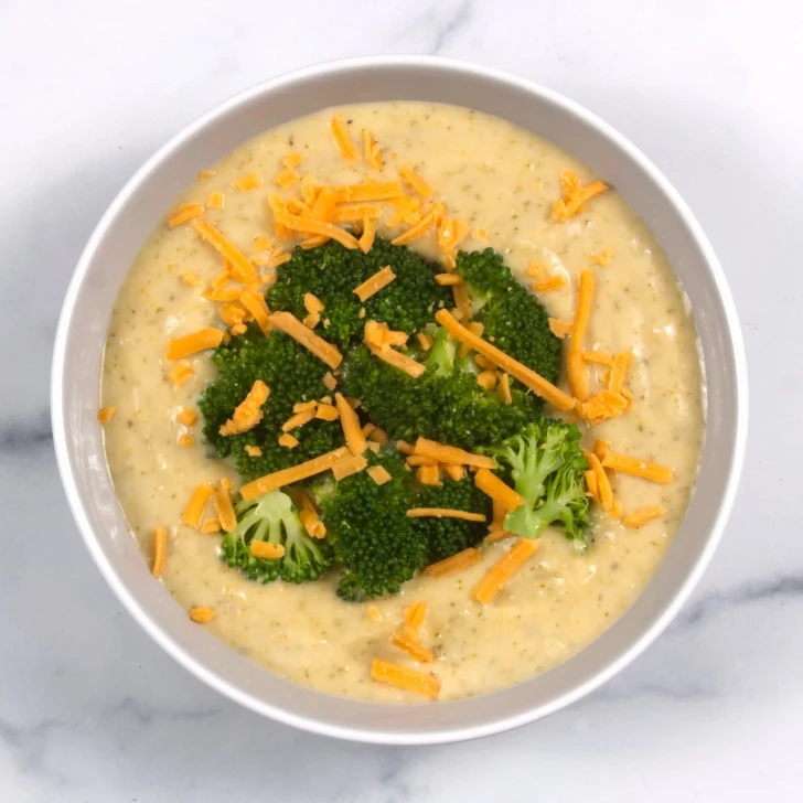Top-down view of broccoli and cheddar soup in a white bowl