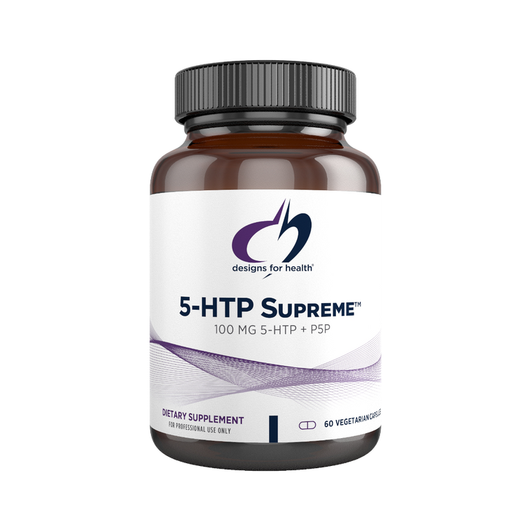 5-HTP Supreme™ is a synergistic formula of 5-hydroxytryptophan (100 mg) and vitamin B6 (20 mg) per serving for supporting overall neurotransmitter metabolism by providing precursors of serotonin. 5-HTP readily enters the blood–brain barrier; however, conversion into serotonin requires the cofactor vitamin B6, which is included in this formula. 5-HTP Supreme™ may be used during the day to support a healthy mood and normal appetite, or it may be used at bedtime to support sleep.* This formula can be used in place of 5-HTP Synergy™ when higher doses of 5-HTP are recommended.