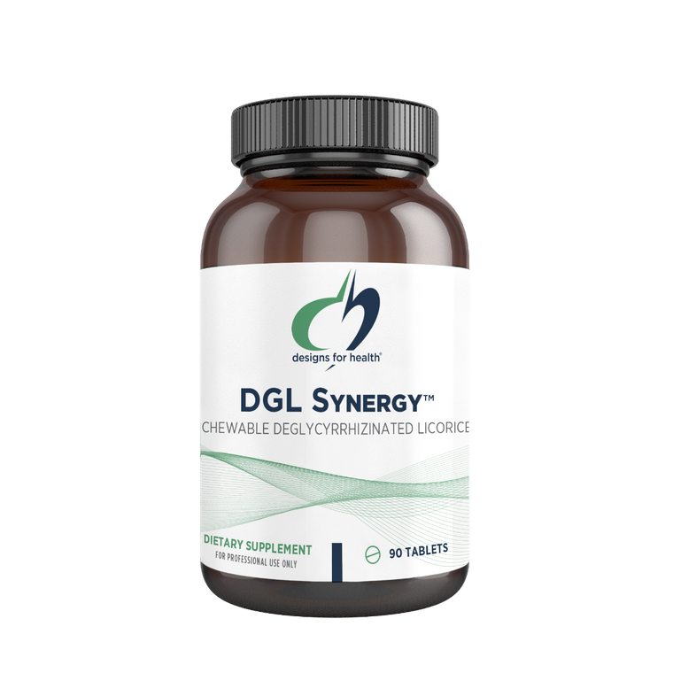 DGL Synergy™ is a fast-acting, chewable formula of deglycyrrhizinated licorice (DGL) that offers support for the gastric mucosa.* It contains a standardized high-quality form of DGL, the amino acid glycine, and calcium in the form of calcium glycerophosphate. DGL Synergy™ has a pleasant licorice flavor with zero grams of sugar and it does not contain fructose. It is sweetened with the polyols xylitol and mannitol, and the plant extract luo han guo.

Recommended Use: Chew 2 tablets before a meal per day or as directed by your health-care practitioner.