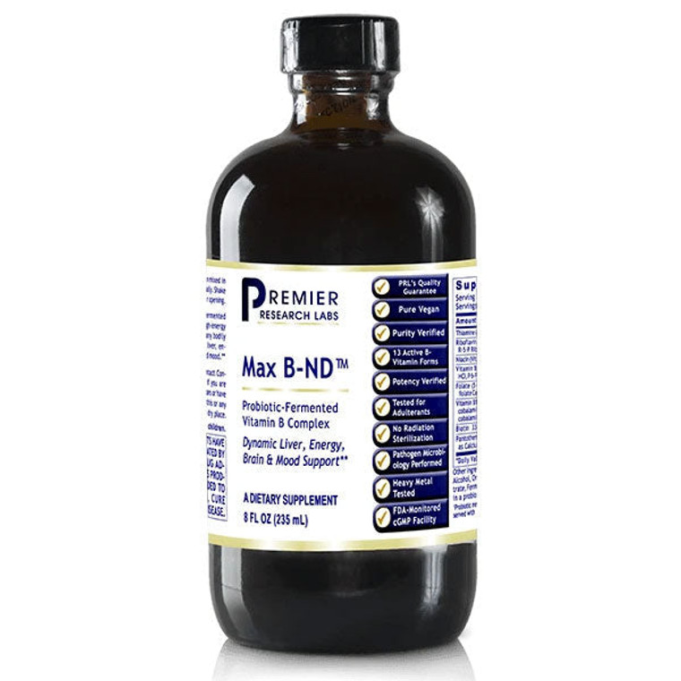 About 99% of all vitamin B products on the market today are synthetically made in a laboratory. They are chemically synthesized molecules manufactured in a test tube, typically from coal tar derivatives. Synthetic B vitamins actually accelerate aging and degradation of the cell's DNA.

PRL Max B-ND is derived from proprietary patent-pending technology using special, healthy probiotic strains, offering maximum stress protection, anti-aging benefits, brain rejuvenation, heart health and even more.

Key Benefits of PRL Max B-ND:

The worlds first, natural-source B vitamins made from proprietary probiotic fermentation.
Highly active, end-chain living B vitamins derived from natural sources for high cellular resonance.
Live source, end chain most biologically active forms of B vitamins: B1 as thiamine cocarboxylase (pyrophosphate), B2 as riboflavin-5-phosphate, B5 as coenzyme A and acetyl coenzyme A, B6 as pyridoxyl-5-phosphate, B12 as cobamide, folic acid as 5-methyl tetrahydrofolate, inositol, biotin, choline, amino acids, glutathione, Beta 1, 3 glucans and more.
Maximum stress support, anti-aging, brain rejuvenation, heart health, and mood balance.
Research suggest natural sources of B vitamins are safest and most effective, especially in long term use.