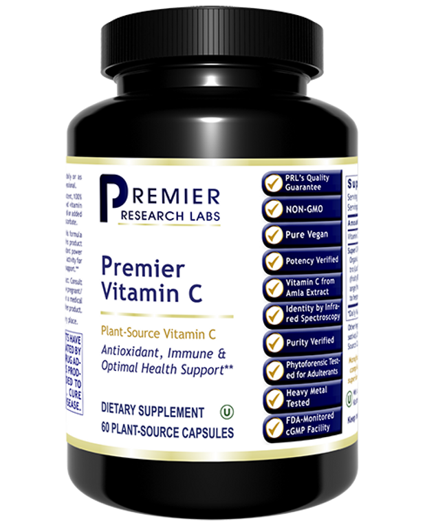 Premier Vitamin C features natural, plant-source vitamin C from selected botanical agents that naturally contain vitamin C. Unlike many vitamin C products, Premier Vitamin C offers a botanical vitamin C formula without synthetic ascorbic acid (ascorbic acid made in a test tube) or calcium ascorbate. The total vitamin C content of this formula is from organic Amla (a fruit extract) supported by naturally occurring co-botanicals, organic cilantro, rose hips, hesperidin extract and quercetin. This product delivers premier antioxidant power with natural free radical quenching activity for optimal immune support.*