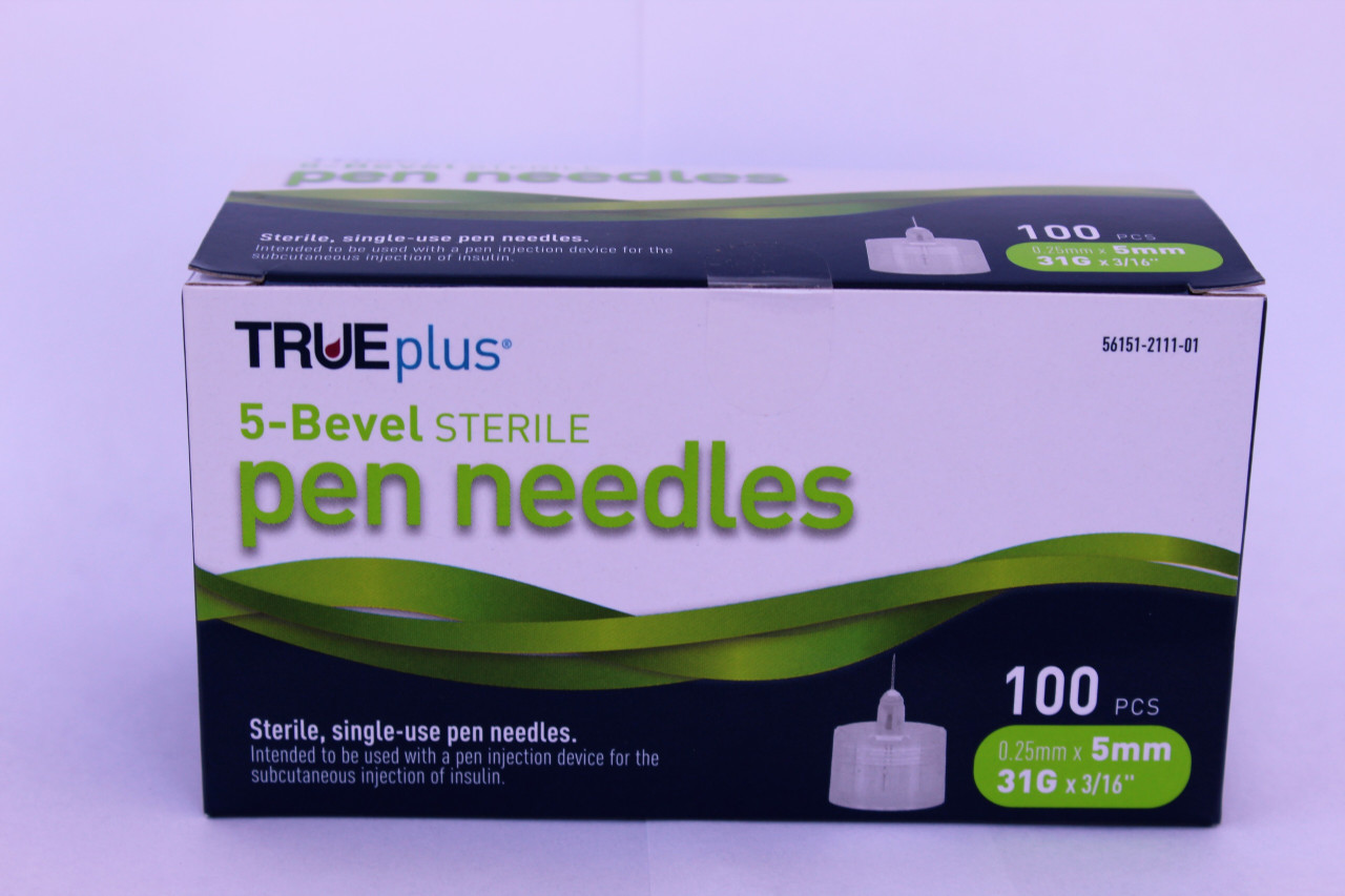 TRUEplus 5-Bevel Sterile, Single-Use Pen Needles, 31G, 5mm (3/16 inch)