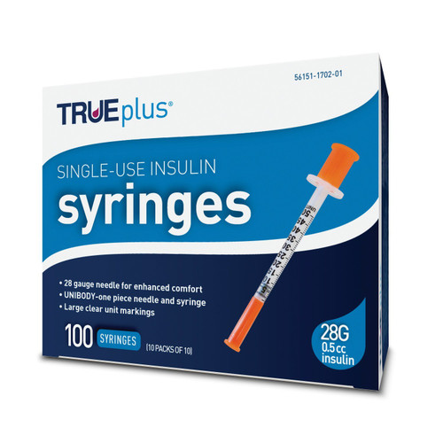 TRUEplus U-100 Insulin Syringe 28G x 1/2" - 0.5 cc 100 ct #S4H01B28 TRUEplus U-100 Insulin Syringe 28G x 1/2" - 0.5 cc 100 ct #S4H01B28