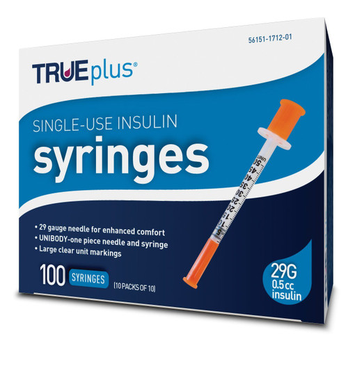 TRUEplus U-100 Insulin Syringe 29G x 1/2" - 0.5 cc 100 ct #S4H01B29 TRUEplus U-100 Insulin Syringe 29G x 1/2" - 0.5 cc 100 ct #S4H01B29