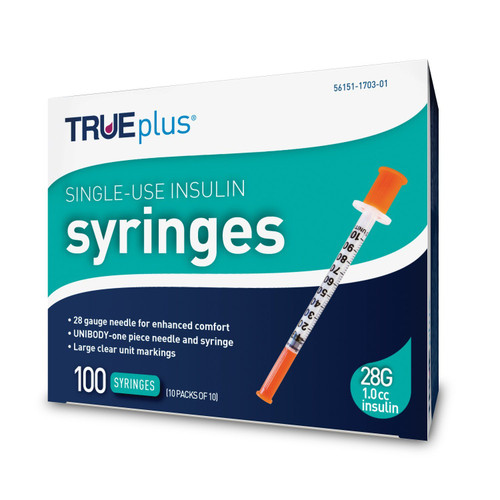 TRUEplus U-100 Insulin Syringe 28G x 1/2" - 1.0 cc 100 ct #S4H01C28 TRUEplus U-100 Insulin Syringe 28G x 1/2" - 1.0 cc 100 ct #S4H01C28