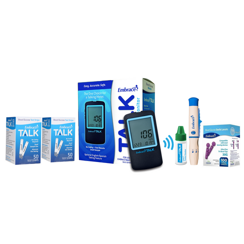 Embrace Talking Blood Glucose Meter, 100 Test strips Control Solution, Lancing Device, & Lancets Embrace Talking Blood Glucose Meter, 100 Test strips Control Solution, Lancing Device, & Lancets
