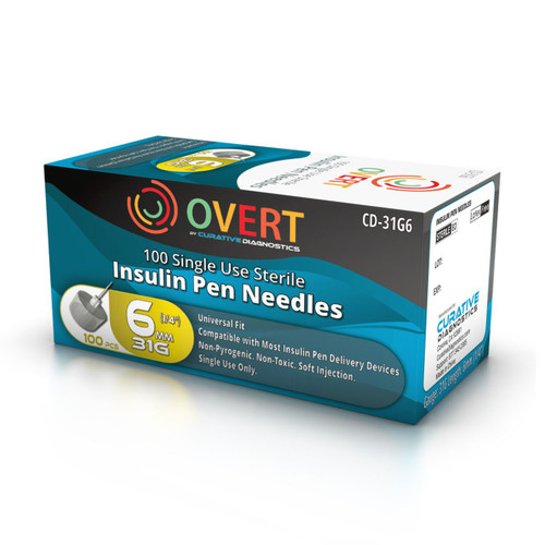 Overt Universal Fit, Tri Beveled Pen Needle - 31G 6mm 100 ct. [ 4 Pack ] By Curative Diagnostics