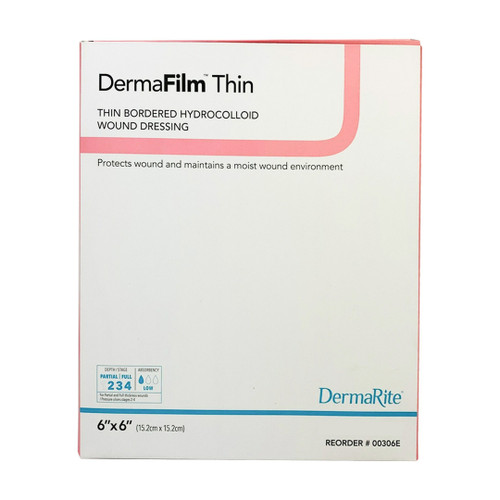 Dermafilm Hydrocolloid Wound Dressing, Thin With Border, 6" X 6" Dermafilm Hydrocolloid Wound Dressing, Thin With Border, 6" X 6"