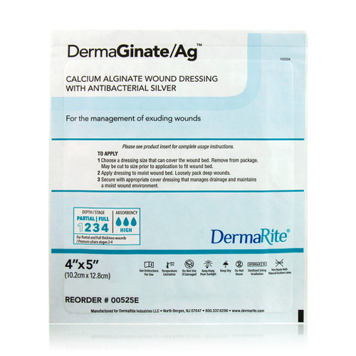 Dermaginate Ag Alginate Wound Dressing With Antibacterial Silver, 4" X 5" [ 10 Pack ]
