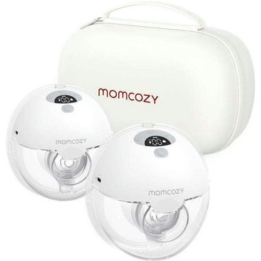 Momcozy M5 double wearable breast pump set with two pumps and hard-shell storage bag on white background