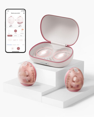 Momcozy Air 1 ultra-slim wearable breast pump with wireless charging case on white background