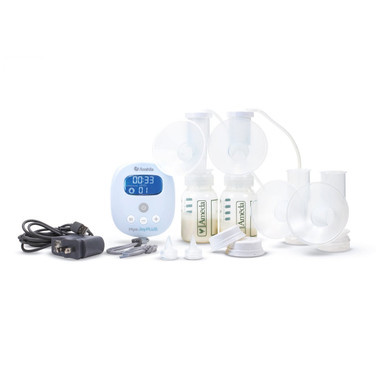 Ameda Mya Joy PLUS deluxe edition double electric breast pump with tote bag and complete accessories on white background