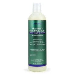 Pouring TriDerma tea tree shampoo into hand – clear, refreshing liquid for calming dry, irritated scalp