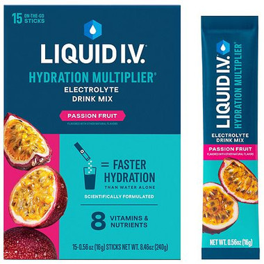 Pouring Passion Fruit Liquid I.V. powder into a glass of water