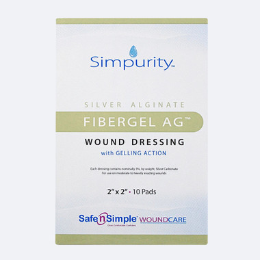Safe n' Simple 2x2 Fibergel AG antimicrobial wound dressing packaging