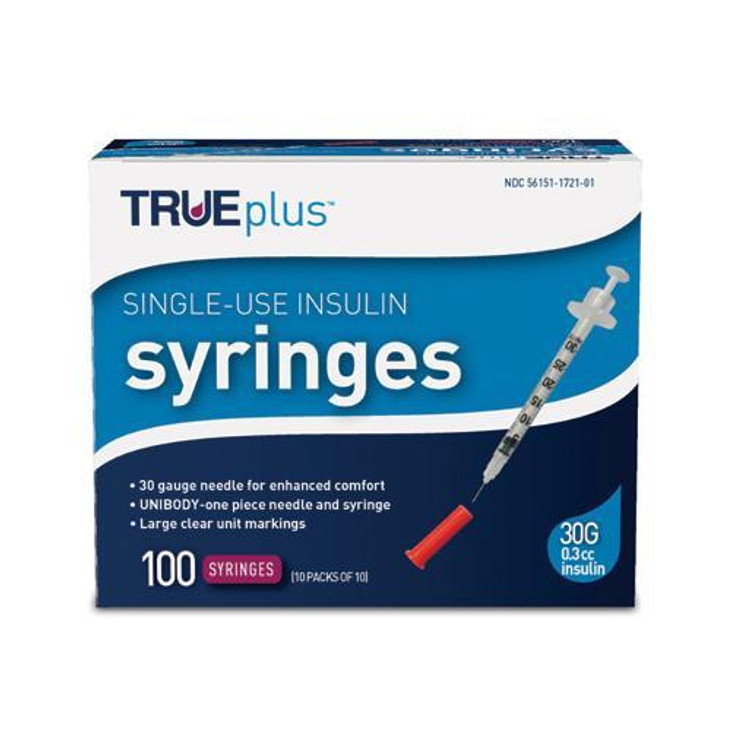 TRUEplus U-100 Insulin Syringe 30G x 5/16" - 0.3 cc 100 ct. #S4H01A-30 TRUEplus U-100 Insulin Syringe 30G x 5/16" - 0.3 cc 100 ct. #S4H01A-30