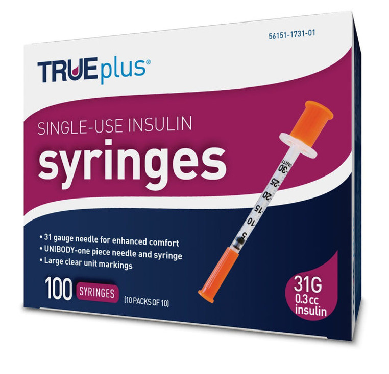 TRUEplus U-100 Insulin Syringe 31G x 5/16" - 0.3 cc 100 ct #S4H01A31 TRUEplus U-100 Insulin Syringe 31G x 5/16" - 0.3 cc 100 ct #S4H01A31