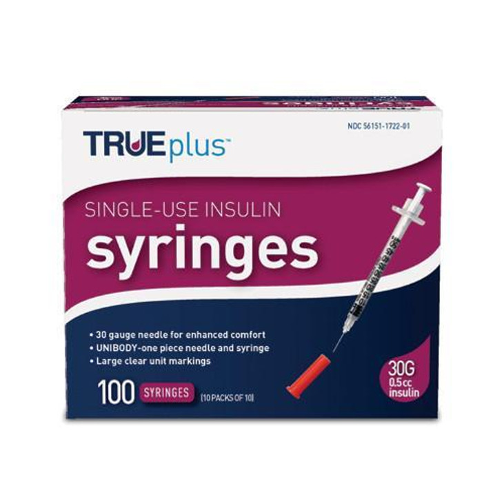 TRUEplus U-100 Insulin Syringe 30G x 5/16" - 0.5 cc 100 ct #S4H01B30 TRUEplus U-100 Insulin Syringe 30G x 5/16" - 0.5 cc 100 ct #S4H01B30