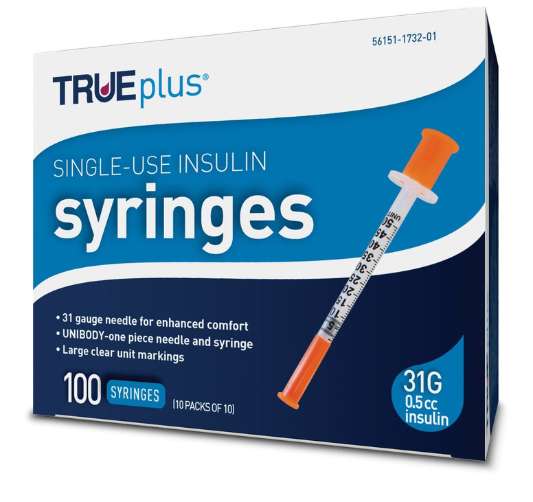 TRUEplus U-100 Insulin Syringe 31G x 5/16" - 0.5 cc 100 ct #S4H01B31 TRUEplus U-100 Insulin Syringe 31G x 5/16" - 0.5 cc 100 ct #S4H01B31