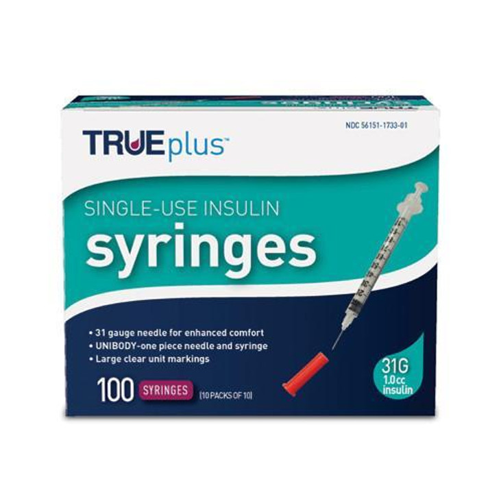 TRUEplus U-100 Insulin Syringe 31G x 5/16" - 1.0 cc 100 ct #S4H01C31 TRUEplus U-100 Insulin Syringe 31G x 5/16" - 1.0 cc 100 ct #S4H01C31