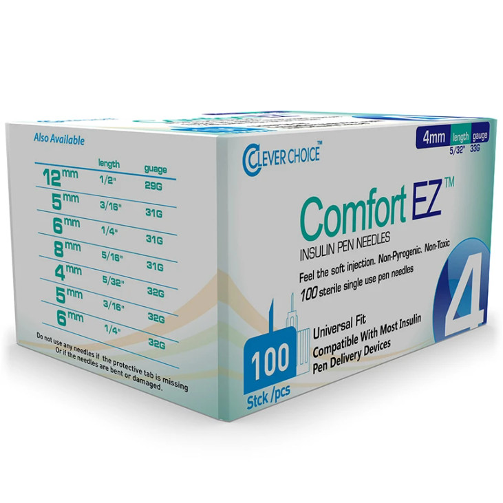 Clever Choice Comfort EZ Insulin Pen Needles 33G 5/32" (4mm) 100/bx [ 2 Pack ]