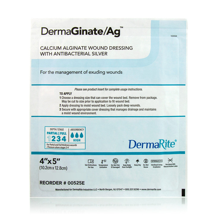 Dermaginate Ag Alginate Wound Dressing With Antibacterial Silver, 4" X 5" [ 10 Pack ]
